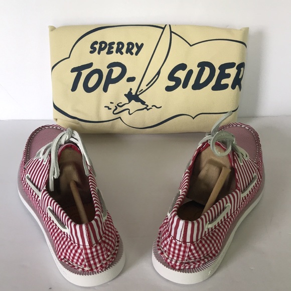 Sperry Leather 3-Eye Boat Shoe Red Gingham  7.5 - Picture 3 of 13